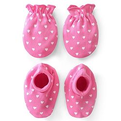 Babyhug 100% Cotton Mittens & Booties Heart Print - Pink