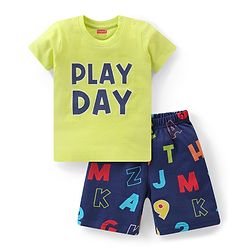 Babyhug Single Jersey Knit Half Sleeves Night Suit Text Print - Green & Navy Blue