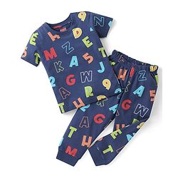 Babyhug Cotton Knit Half Sleeves Night Suit with Alphabet & Number Print - Navy Blue