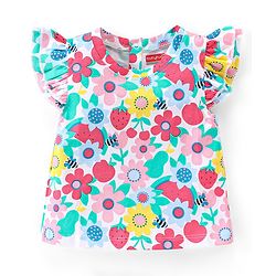 Babyhug 100% Cotton Knit Half Sleeves Top with Frill Detailing & Floral Print - White