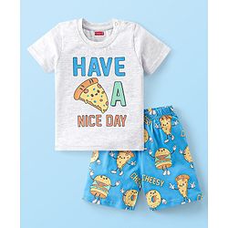 Babyhug Cotton Knit Half Sleeves Night Suit Pizza Print - White & Blue