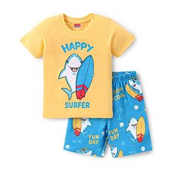 Babyhug Cotton Knit Half Sleeves Fish Printed Night Suit - Yellow & Blue