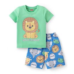 Babyhug Cotton Knit Half Sleeves Night Suit With Animal Print - Green & Blue