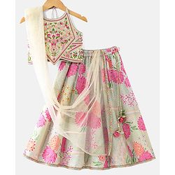 Babyhug Sleeveless Embroidered Choli with Floral Print Lehenga and Dupatta Set - Lime Green