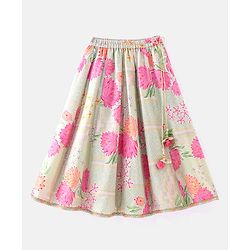 Babyhug Sleeveless Embroidered Choli with Floral Print Lehenga and Dupatta Set - Lime Green