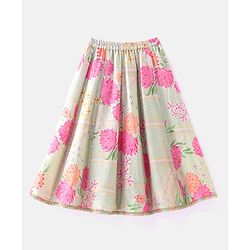 Babyhug Sleeveless Embroidered Choli with Floral Print Lehenga and Dupatta Set - Lime Green