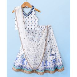 Babyhug Sleeveless Printed Choli Lehenga Set with Dupatta Embroidery Detailing - White