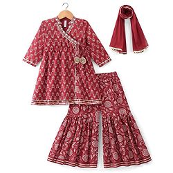 Babyhug 100% Cotton Woven Three Fourth Sleeves Kurti Palazzo & Dupatta Floral Print - Maroon