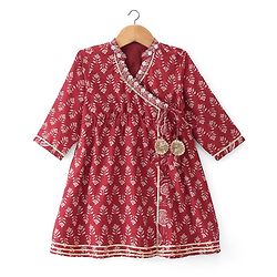 Babyhug 100% Cotton Woven Three Fourth Sleeves Kurti Palazzo & Dupatta Floral Print - Maroon