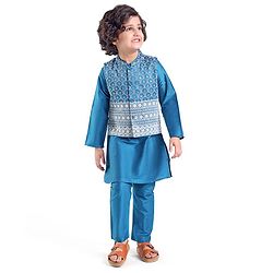 Babyhug 100% Cotton Woven Full Sleeves Kurta & Pyjama Set With Mirror Embroidered Jacket - Navy Blue