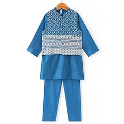 Babyhug 100% Cotton Woven Full Sleeves Kurta & Pyjama Set With Mirror Embroidered Jacket - Navy Blue