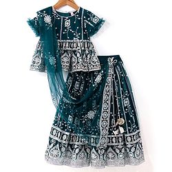 Babyhug Short Sleeves Sequenced Net Embroidered Choli Lehenga Set  with Dupatta - Teal Blue