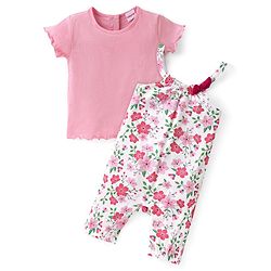 Babyhug Single Jersey Knit Floral Printed Dungaree with Half Sleeves Inner Tee - Pink & White