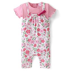 Babyhug Single Jersey Knit Floral Printed Dungaree with Half Sleeves Inner Tee - Pink & White