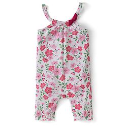 Babyhug Single Jersey Knit Floral Printed Dungaree with Half Sleeves Inner Tee - Pink & White