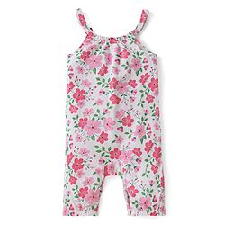 Babyhug Single Jersey Knit Floral Printed Dungaree with Half Sleeves Inner Tee - Pink & White