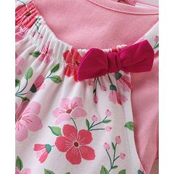 Babyhug Single Jersey Knit Floral Printed Dungaree with Half Sleeves Inner Tee - Pink & White