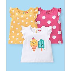 Babyhug Cotton Knit Frill Sleeves Top with Polka Dot Graphics Pack of 3 - Multicolour