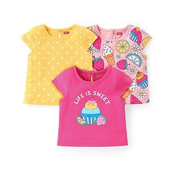 Babyhug Cotton Knit A-Line Cap Sleeves Tops With Polka Dots & Cupcake Graphics Pack of 3 - Pink & Yellow