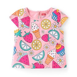 Babyhug Cotton Knit A-Line Cap Sleeves Tops With Polka Dots & Cupcake Graphics Pack of 3 - Pink & Yellow