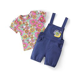 Babyhug Single Jersey Knit Dungarees & Half Sleeves  T-Shirt with Floral Print & Snail Embroidery - Multicolour