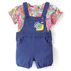 Babyhug Single Jersey Knit Dungarees & Half Sleeves  T-Shirt with Floral Print & Snail Embroidery - Multicolour