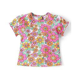Babyhug Single Jersey Knit Dungarees & Half Sleeves  T-Shirt with Floral Print & Snail Embroidery - Multicolour
