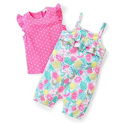 Babyhug Single Jersey Knit Pineapple Printed Dungaree with Frill Sleeves Inner Tee - Pink & Multicolor