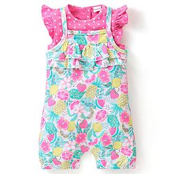 Babyhug Single Jersey Knit Pineapple Printed Dungaree with Frill Sleeves Inner Tee - Pink & Multicolor