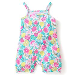 Babyhug Single Jersey Knit Pineapple Printed Dungaree with Frill Sleeves Inner Tee - Pink & Multicolor
