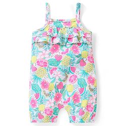 Babyhug Single Jersey Knit Pineapple Printed Dungaree with Frill Sleeves Inner Tee - Pink & Multicolor