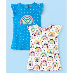 Babyhug Cotton Knit Frill Sleeve Nighty With Polka Dot Print & Rainbow Print Pack Of 2 - Multicolor