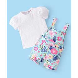 Babyhug 100% Cotton Knit Single Jersey Dungaree & Half Sleeves T-Shirt With Floral  Print - White & Blue