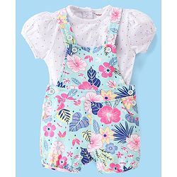Babyhug 100% Cotton Knit Single Jersey Dungaree & Half Sleeves T-Shirt With Floral  Print - White & Blue