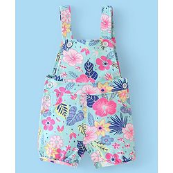 Babyhug 100% Cotton Knit Single Jersey Dungaree & Half Sleeves T-Shirt With Floral  Print - White & Blue
