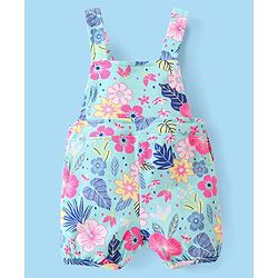 Babyhug 100% Cotton Knit Single Jersey Dungaree & Half Sleeves T-Shirt With Floral  Print - White & Blue