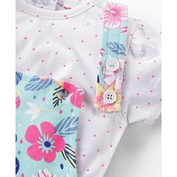 Babyhug 100% Cotton Knit Single Jersey Dungaree & Half Sleeves T-Shirt With Floral  Print - White & Blue