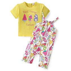 Babyhug Single Jersey Knit Fruits Printed Dungaree with Half Sleeves Inner Tee - Pink & Yellow