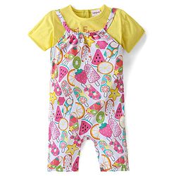 Babyhug Single Jersey Knit Fruits Printed Dungaree with Half Sleeves Inner Tee - Pink & Yellow