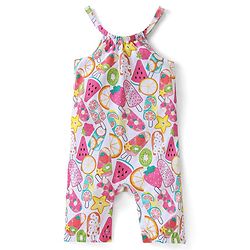 Babyhug Single Jersey Knit Fruits Printed Dungaree with Half Sleeves Inner Tee - Pink & Yellow