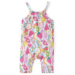 Babyhug Single Jersey Knit Fruits Printed Dungaree with Half Sleeves Inner Tee - Pink & Yellow