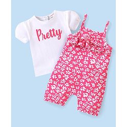 Babyhug 100% Cotton Knit Dungaree and Half Sleeves Printed Top - White & Pink