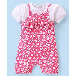 Babyhug 100% Cotton Knit Dungaree and Half Sleeves Printed Top - White & Pink