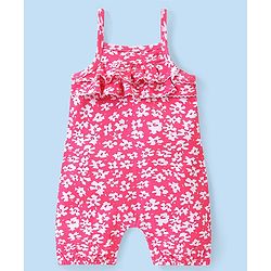 Babyhug 100% Cotton Knit Dungaree and Half Sleeves Printed Top - White & Pink