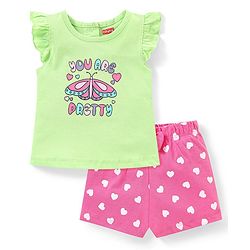 Babyhug Single Jersey Knit Half Sleeves Night Suit with Text & Heart Print - Green & Pink