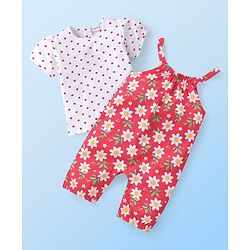 Babyhug Single Jersey Knit Dungaree with Half Sleeves T-Shirt Polka Dot & Floral Print - White & Red