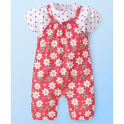 Babyhug Single Jersey Knit Dungaree with Half Sleeves T-Shirt Polka Dot & Floral Print - White & Red