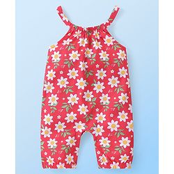 Babyhug Single Jersey Knit Dungaree with Half Sleeves T-Shirt Polka Dot & Floral Print - White & Red