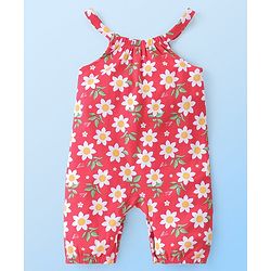 Babyhug Single Jersey Knit Dungaree with Half Sleeves T-Shirt Polka Dot & Floral Print - White & Red