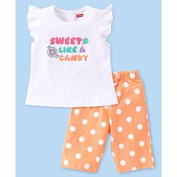 Babyhug Single Jersey Knit  Half  Sleeves Capri Nightsuit  Text & Polka Dot Print - White & Orange